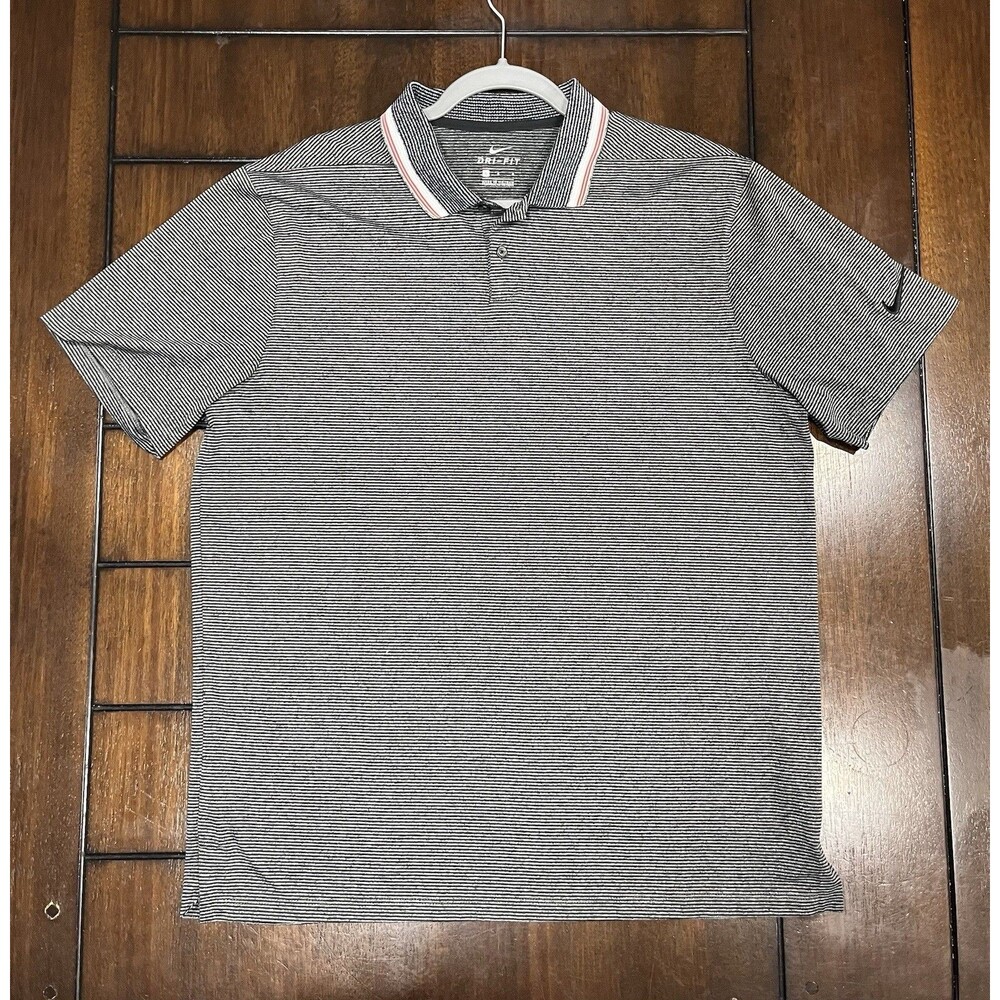 Nike Polo Shirt Mens L Gray Striped Golf Performance DriFIT Casual